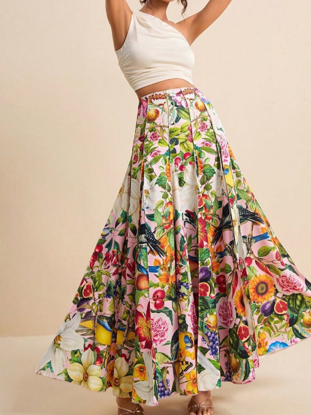 Multicolor Boho Women's Tropical Floral Allover Print Pleated Skirt
